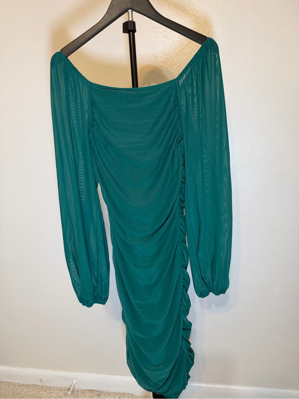 Ruched Teal Long-Sleeve Off-Shoulder Dress
